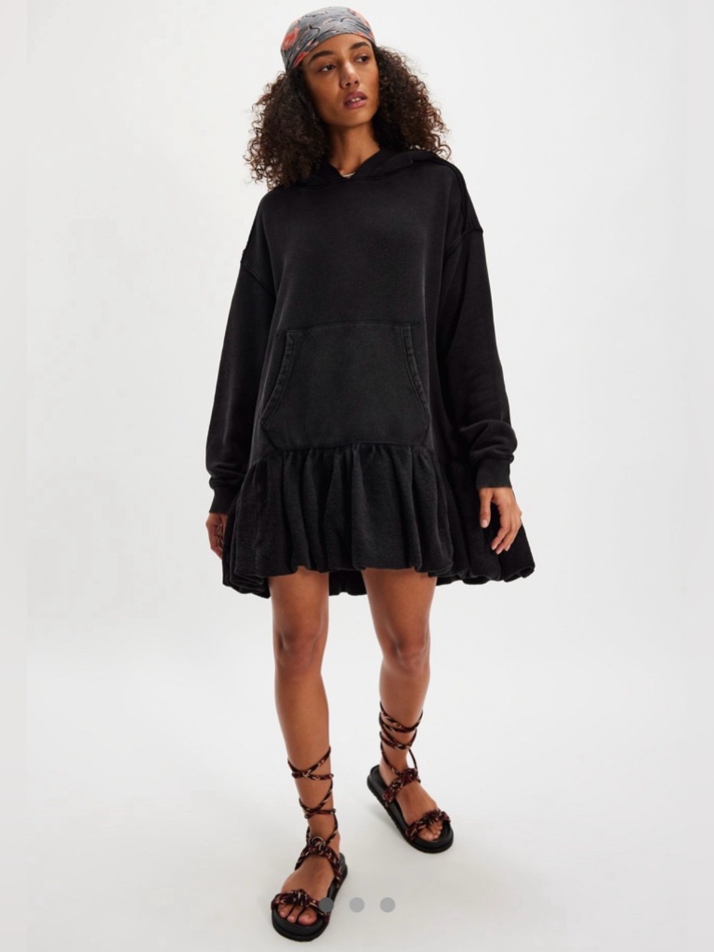 Free People Rainy Day Hoodie Dress We The Free Ruffle Hem Slouchy Wash Black